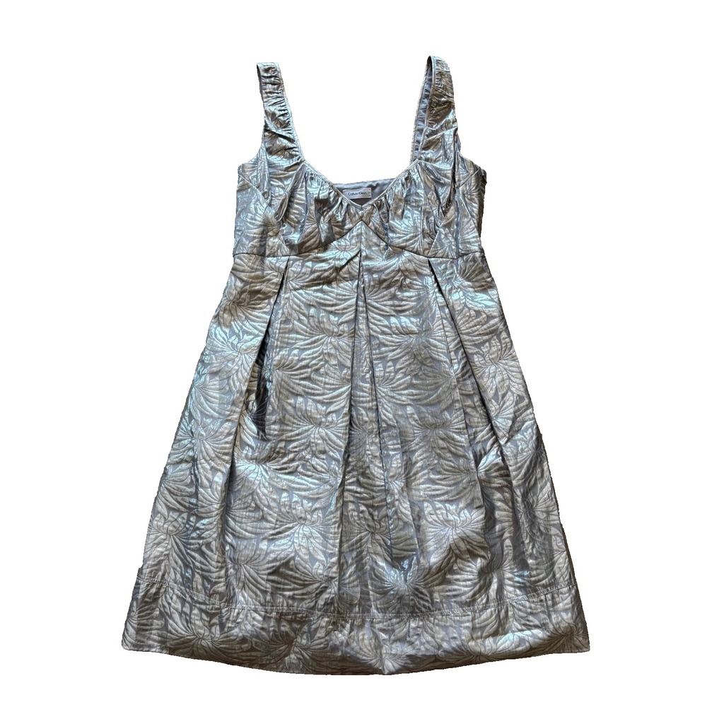 Calvin Klein Silver Metallic Silk Blend Floral Jacquard Pleated Cocktail Dress 8